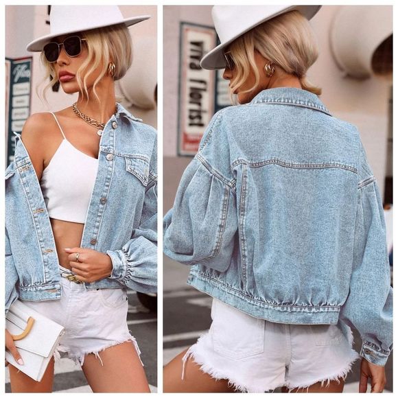 Lovely Rosetta Jackets & Blazers - Blue Puffed Sleeve Denim Jacket